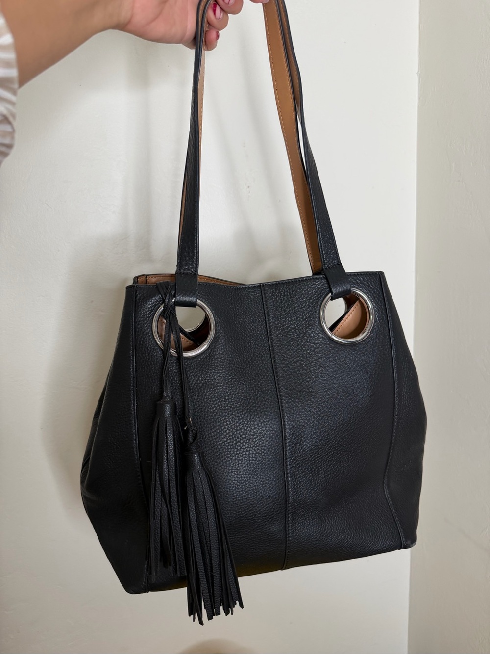 Vince Camuto Black Leather Shoulder Tote with Tassel